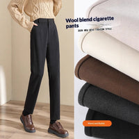 Women's Black Wool Pants With Fleece Lining For Autumn And Winter, Thick And Casual