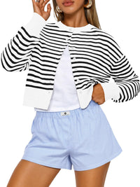 Buttoned Long-sleeve Crew-neck Solid-color Cropped Knit Sweater
