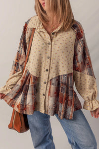 Women's Distressed Detail Ruffle Sleeve Plaid Shirt