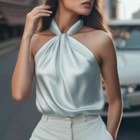 Womens Solid-color Off-shoulder Halter Top With Tie-up Detail