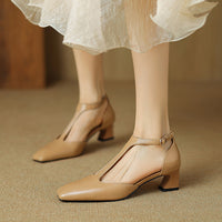 French Retro Square Toe Chunky Heel Wine Red Sheepskin Leather Shoes