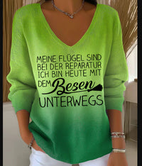 Womens Ribbed V-neck Three-quarter-sleeve Loose-fit T-shirt