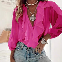Women's V-neck Long-sleeve Ruffled-trim Top