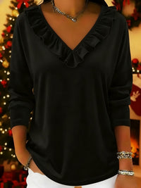 Womens Stylish Solid-Color Long-Sleeve Top With Ruffled V-Neck