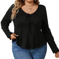 Women's V-neck Waist-casual Knit Solid Long-sleeved Top