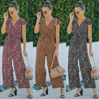 V-neck Floral Chiffon Jumpsuit Wide-leg Pants