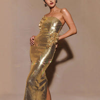 Womens Golden 3D Floral Tube Dress
