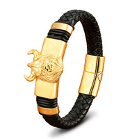 Lion Ox Head Tiger Heavy-Duty Stainless Steel Genuine Leather Magnetic-Clasp Mens Bracelet