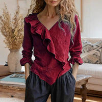 Womens Solid-Color V-Neck Casual Top With Ruffle Long Sleeves