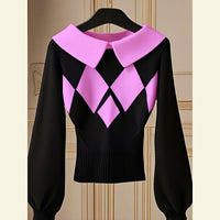 European Goods Western Style Unique Chic Niche Idle Style Black Diamond Plaid Sweater
