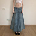 Vacation Style Low Waist Old Washed Blue Loose Slimming Denim Skirt