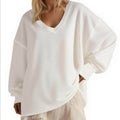 New Solid-color V-neck Loose-fitting Long-sleeve Top For Women