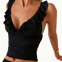 Ruffle-trimmed Solid-color Bikini Three-piece Set For Vacation