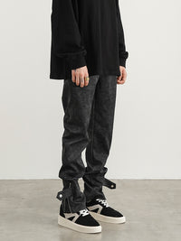 Snakeskin PU Button Straight Leather Pants