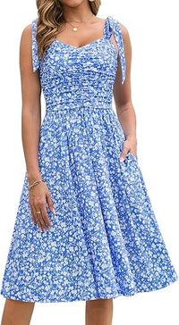 V-Neck Elegant Floral Print Waist-Cinching Lace-Up A-Line Dress Womens Wear