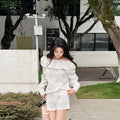 White Bud-collared Off-shoulder Blouse Top