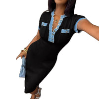 European And American Style Fashionable Slim-fit Denim Single-breasted Patchwork Long Dress