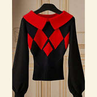 European Goods Western Style Unique Chic Niche Idle Style Black Diamond Plaid Sweater