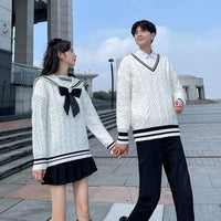 New Japanese-style Color-blocked Round-neck Thick Fairy Sweater In White