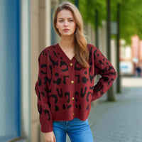 Women's Leopard Print Short Sweater V-neck Casual Knitted Cardigan Top