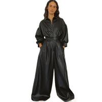 Black Pu Retro Loose Leather Button Pocket Jumpsuit