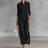 Women's Minimalist White-trimmed Button-down Collar Sweatshirt Dress Maxi Dress