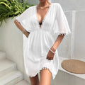 Beach-Style Cover-Up Blouse Lace-Patchwork Waist-Cinched V-Neck Dress