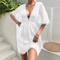 Beach-Style Cover-Up Blouse Lace-Patchwork Waist-Cinched V-Neck Dress