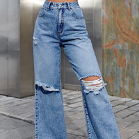 Fashionable Ripped High Waist Wide Leg Casual Jeans