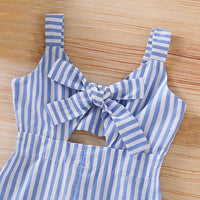 Girl's Blue Striped Bow Overalls