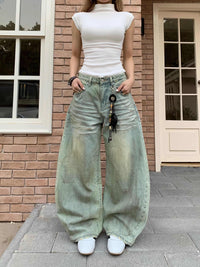 Retro Style Sickle Jeans Women's Loose Casual Wide-leg Pants