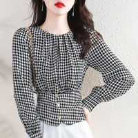 Chanel-style Houndstooth Pullover Blouse For Women