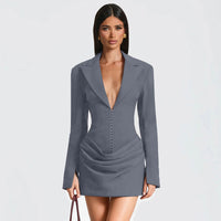 Deep V-neck Notched Collar Pleated Mini Defined Waistline Dress For Women