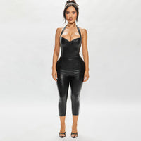 Womens Halter Neck V-Neck High-Cut Back Solid Color Slim-Fit Faux Leather Cropped Pants Set