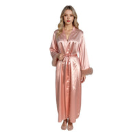 Women's Satin Long-sleeved Nightdress Stitching Mesh Lace Homewear