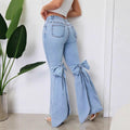 Womens High Waisted Stretchy Denim Flared Jeans With A Bow Detail