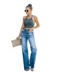 Mid-waist Women's Washed Denim Trousers With Holes