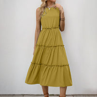 Simple Solid-Color Pleated Ruffle-Trimmed Sleeveless Dress