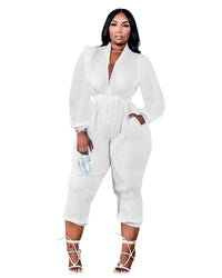 Women's Fashion Pleated Versatile V-Neck Long Sleeve Jumpsuit