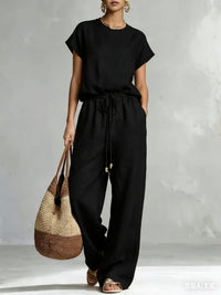 Womens Casual Loose Solid-Color Zip-Up Crew-Neck Wide-Leg Pants Set