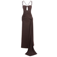 Women's Coffee-Colored Pleated Ribbon Dress