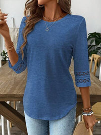 Womens Casual T-Shirt With A Crew Neck Patchwork Lace And Three-Quarter Sleeves