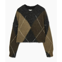 Women's All-match Plaid Printing Color Contrast Casual V-neck Long-sleeved Sweater
