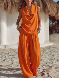 Solid-color Women's Flowing Collar Two-piece Set