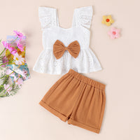 Sweet Flying Sleeve White Bow Top Shorts Suit
