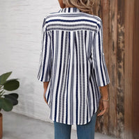 Womens Fashionable Striped Printed V-Neck Slim-Fit All-Match Long-Sleeve Shirt