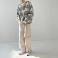 Padded Fleece Sweater Men's Loose Plaid Crew Neck