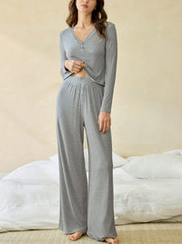 Casual Color Cotton Long-Sleeve Top And Pants Two-Piece Set