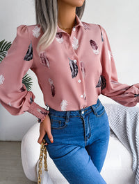 Women's Elegant Feather Lantern Sleeve Lapel Shirt