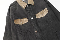 Contrast Color Leather Patchwork Lapel Pocket Denim Clothes Jacket